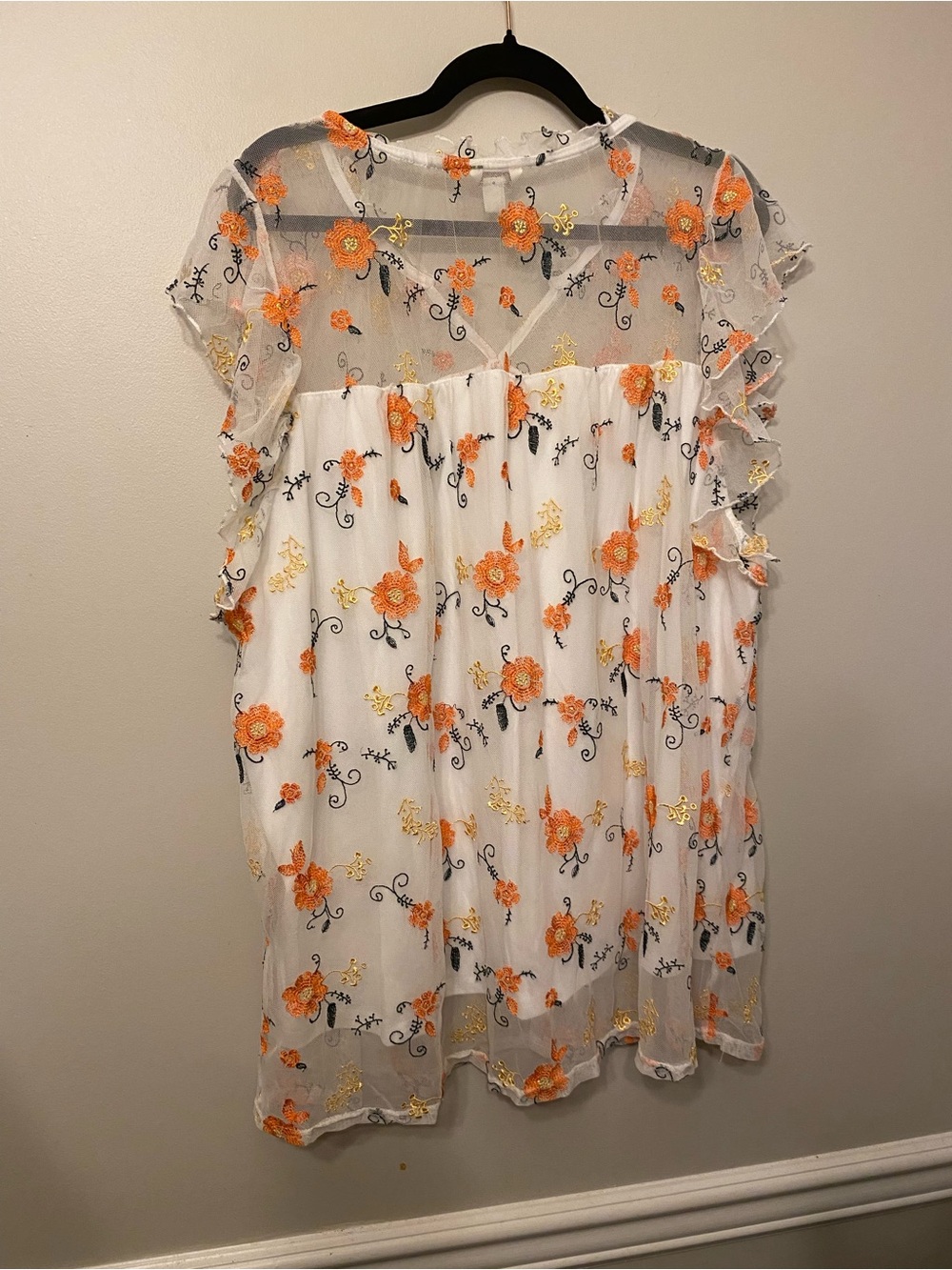 Cato White Sheer Blouse with Orange and Yellow Floral Embroidery - Picture 3 of 3